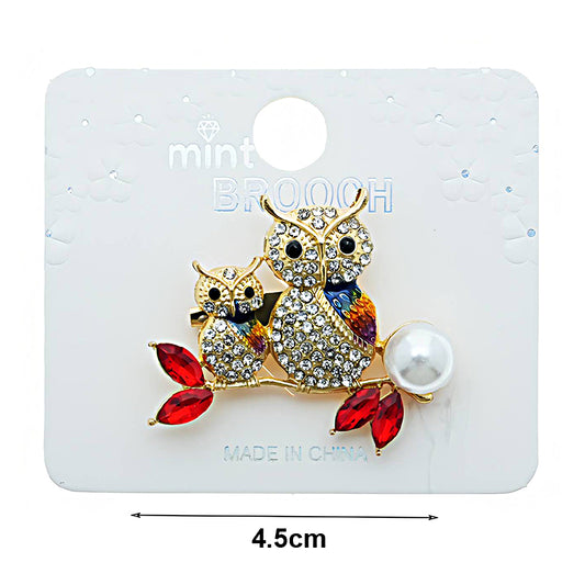Rhinestone Perched Owl Pair Brooch