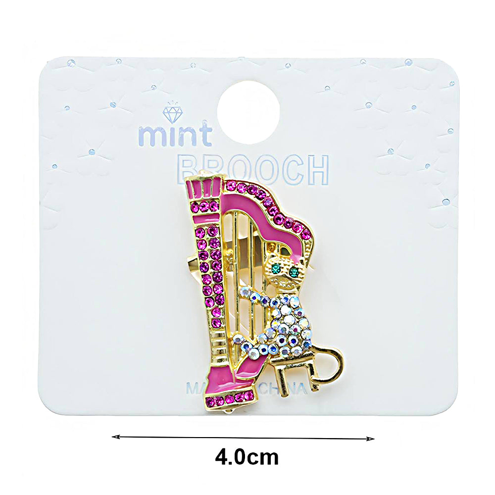 Rhinestone Cat Playing Harp Brooch