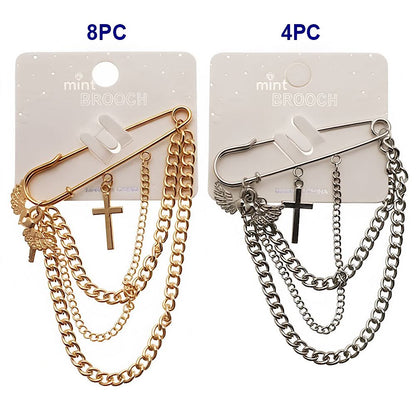 Safety Pin Cross Charm Chain Brooch