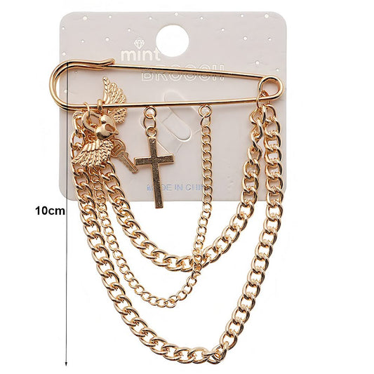 Safety Pin Cross Charm Chain Brooch