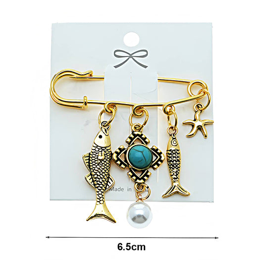 Fish Charm Safety Pin Brooch