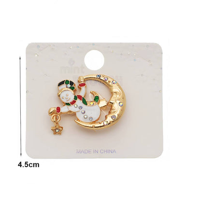 Enamel Christmas Snowman Moon Brooch Pin