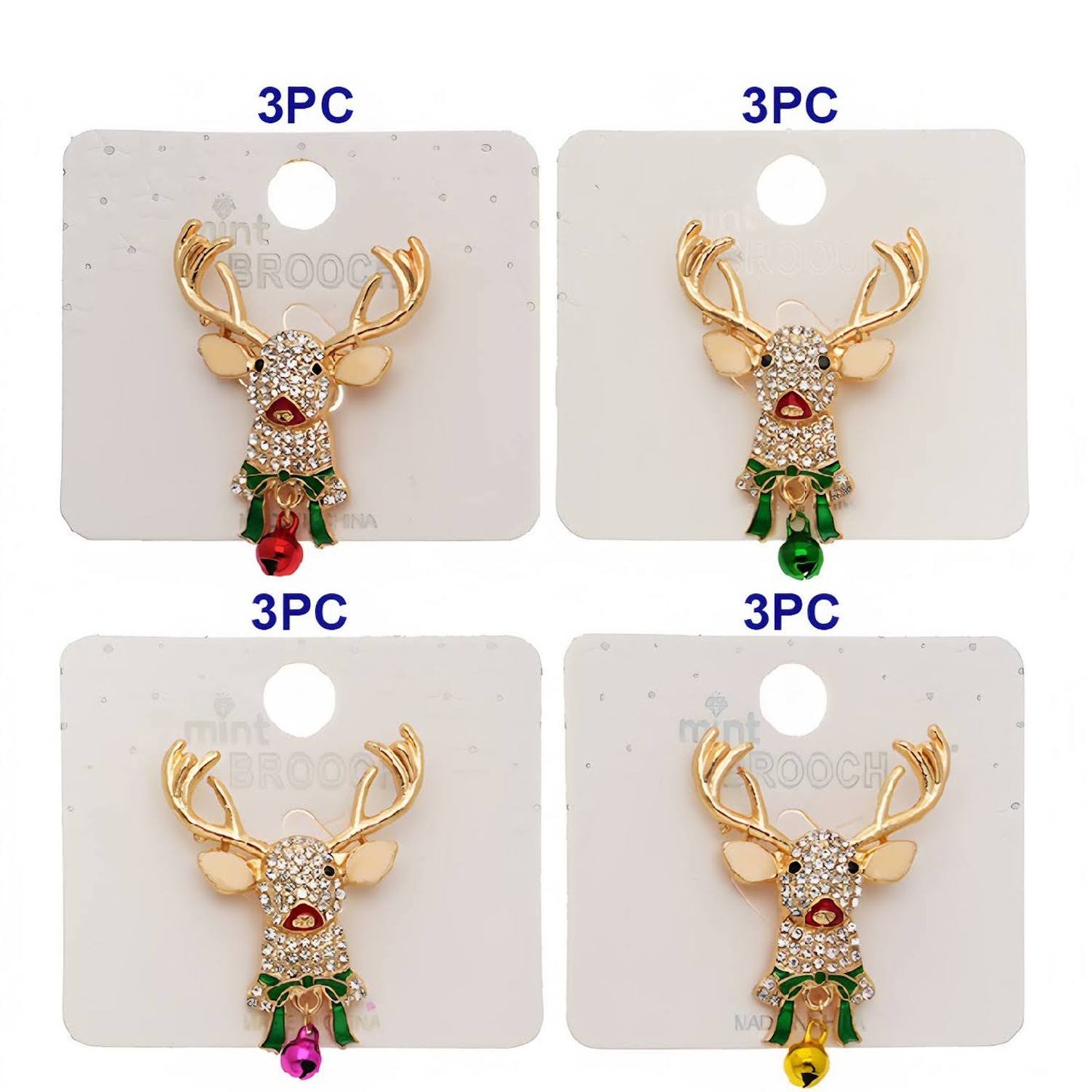 Rhinestone Christmas Reindeer Jingle Bell Brooch Pin