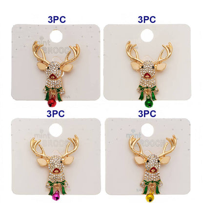 Rhinestone Christmas Reindeer Jingle Bell Brooch Pin