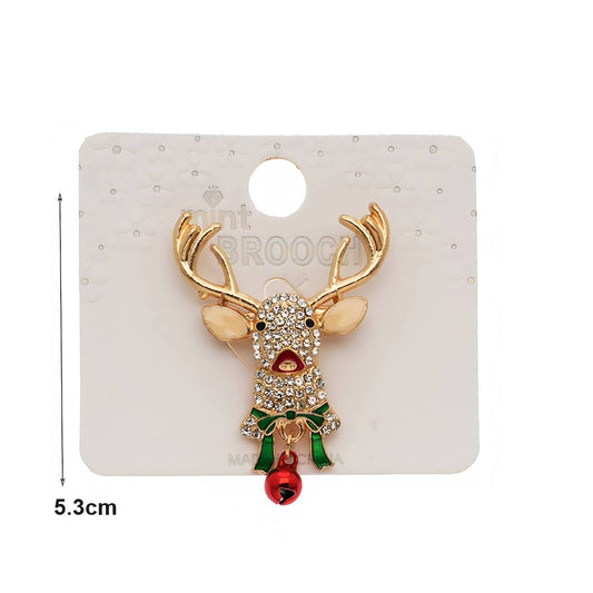 Rhinestone Christmas Reindeer Jingle Bell Brooch Pin