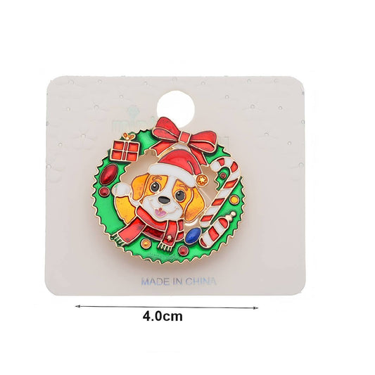 Cute Puppy In Christmas Wreath Brooch Pin