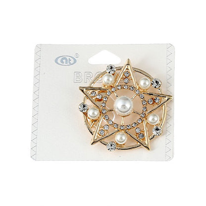 JAH24982-Rhinestone Pearl Star Circle Brooch