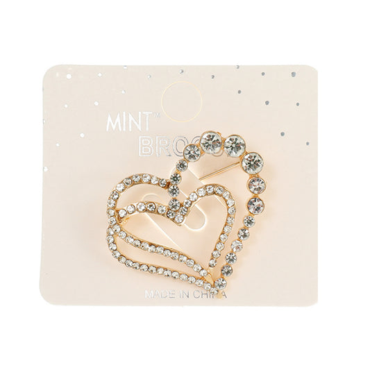 JAH42887 - Rhinestone Double Heart Brooch