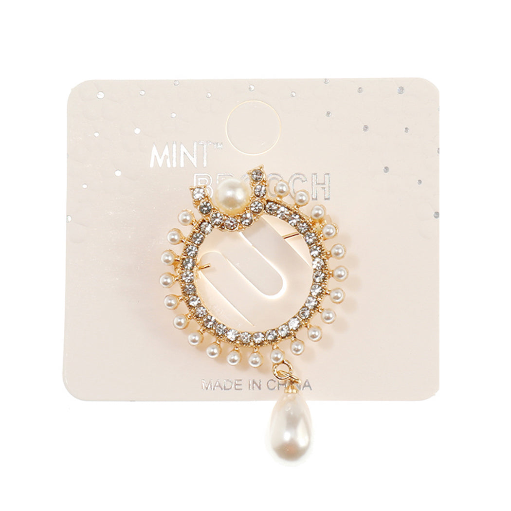 JAH42888-Rhinestone Pearl Drop Brooch