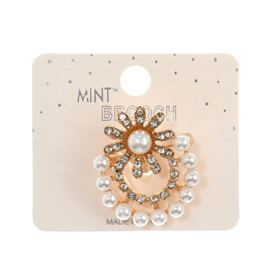 JAH42893-Rhinestone Flower Pearl Brooch