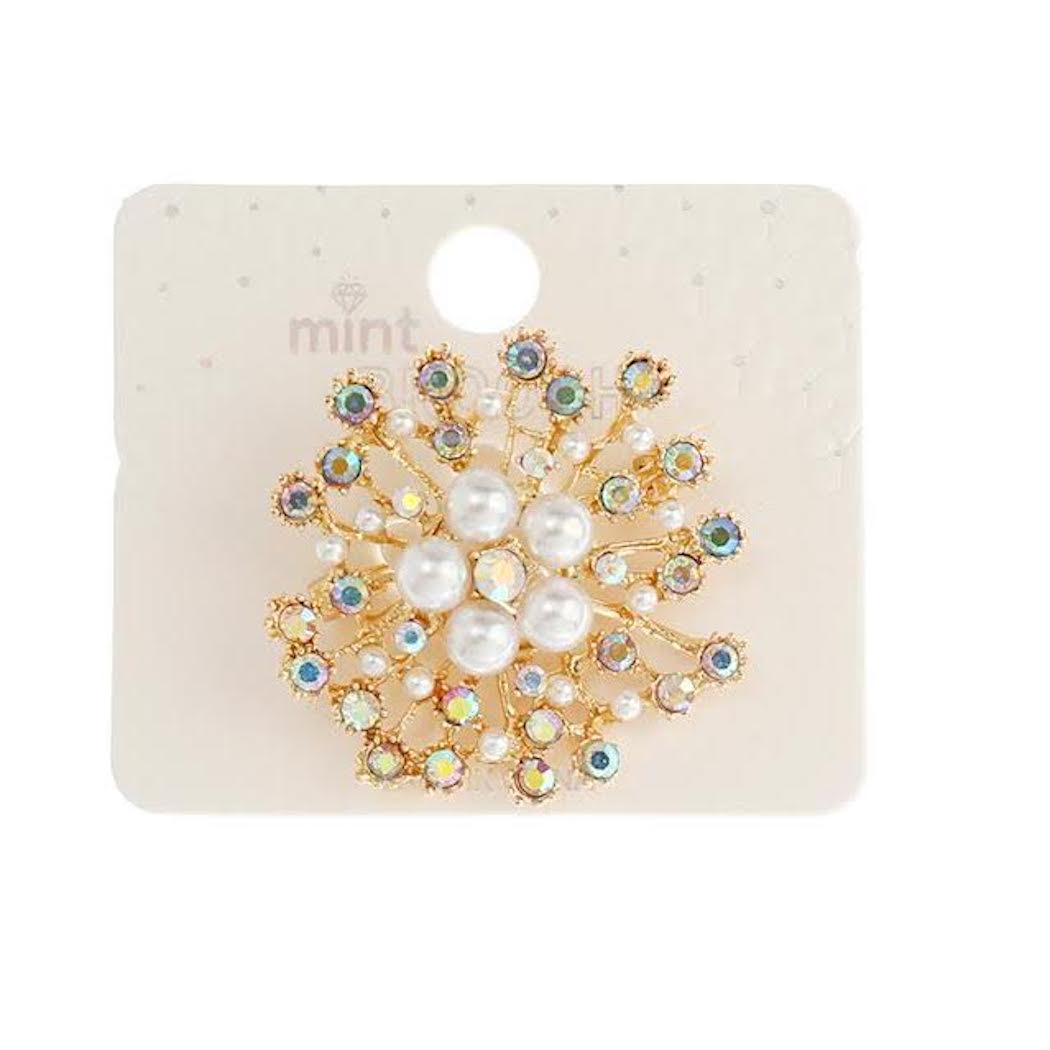 JAH44724 - Rhinestone Pearl Flower Brooch