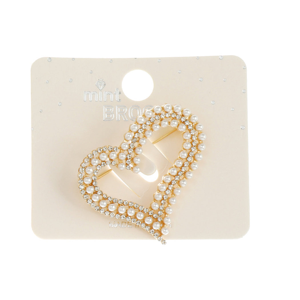 JAH45500 - Rhinestone Pearl Heart Brooch