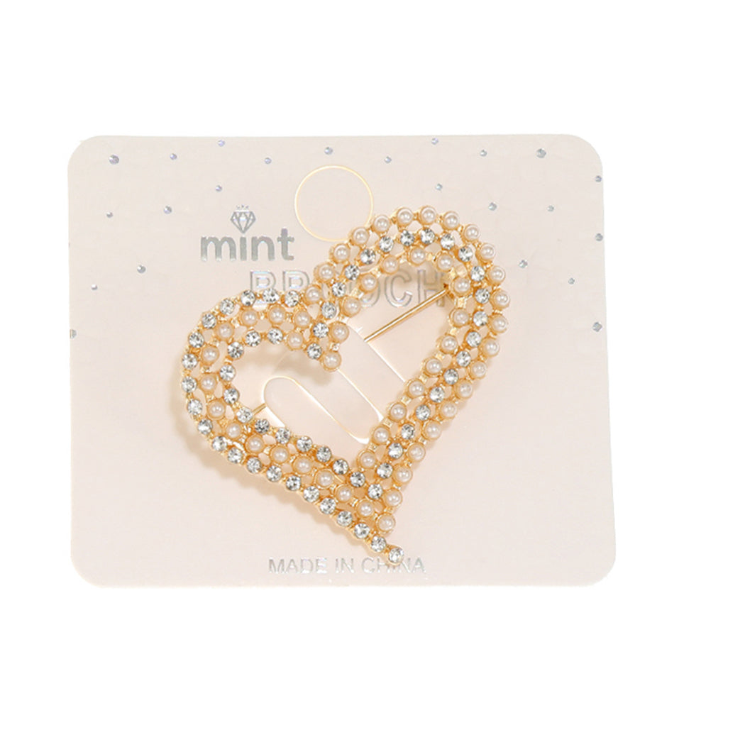 JAH46466 - Rhinestone Pearl Heart Cutout Brooch