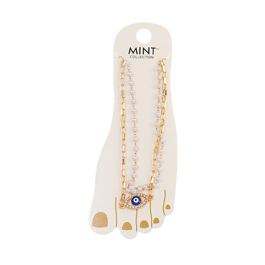 JAK40364 - Evil Eye Pearl & Chain Anklet