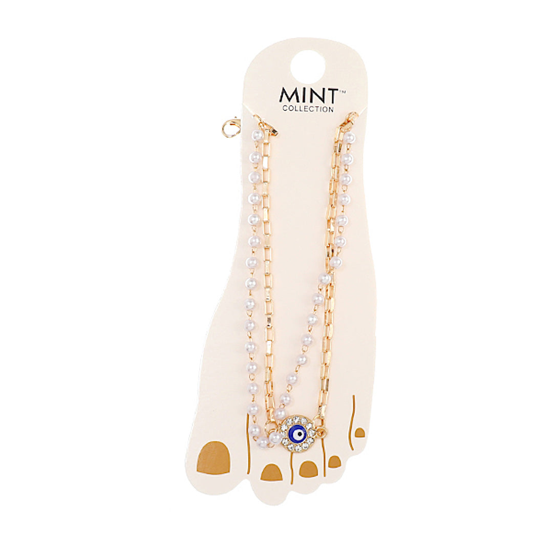 JAK40367 - Evil Eye Pearl & Chain Anklet