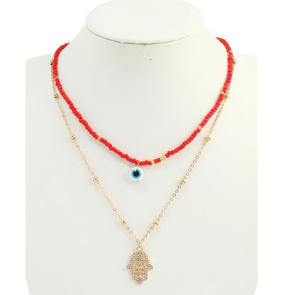 JAN42252 - Layered Beaded Hamsa Evil Eye Necklace