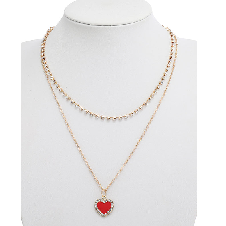 JAN43638 - Layered Rhinestone Heart Necklace