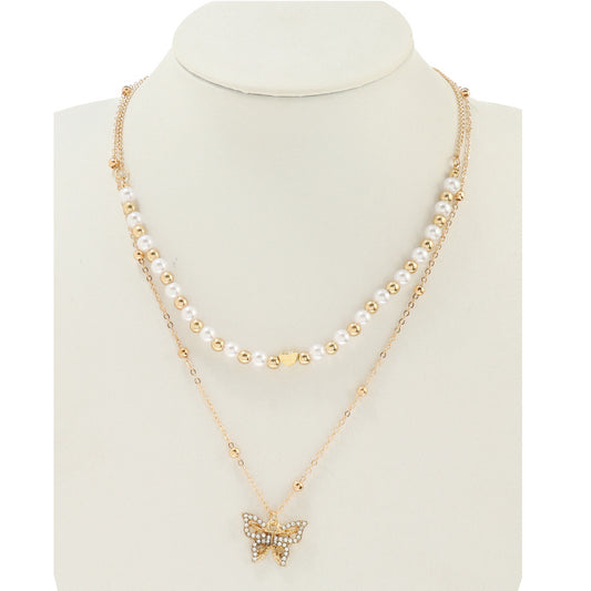 JAN44195 - Rhinestone Butterfly Pearl Layered Necklace