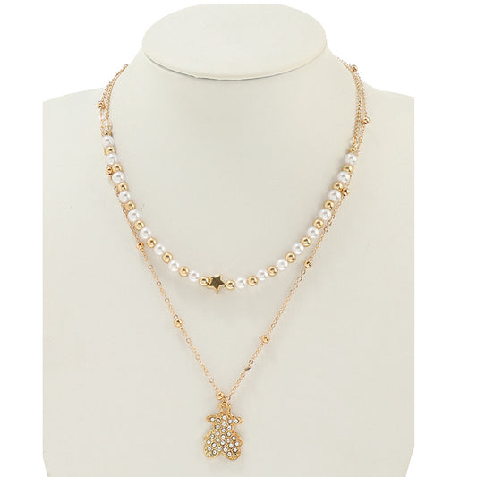 JAN44196 - Rhinestone Teddy Bear Pearl Layered Necklace