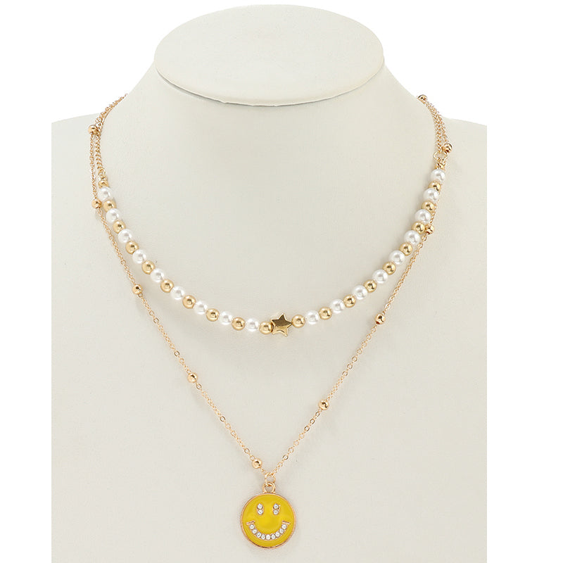 JAN44197 - Smiley Face Pearl Layered Necklace