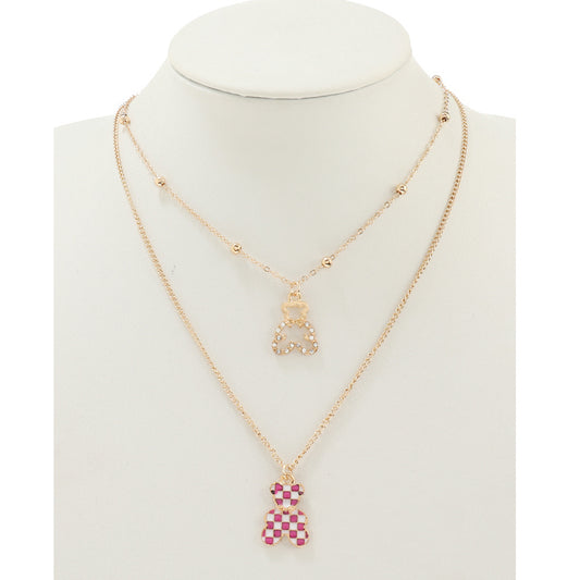 JAN44236 - Enamel Checkered Teddy Bear Layered Necklace