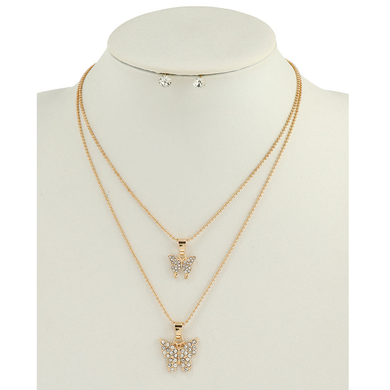 JAN45013 - Rhinestone Butterfly Layered Necklace