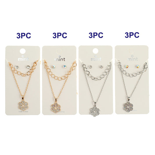 JAN45015 - Rhinestone Flower Layered Chain Necklace