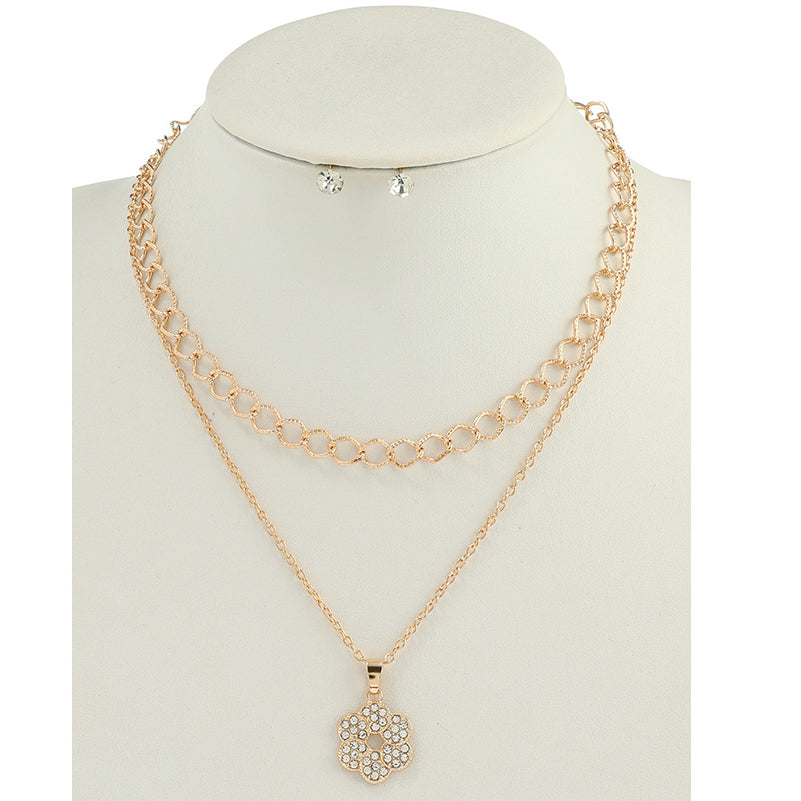 JAN45015 - Rhinestone Flower Layered Chain Necklace