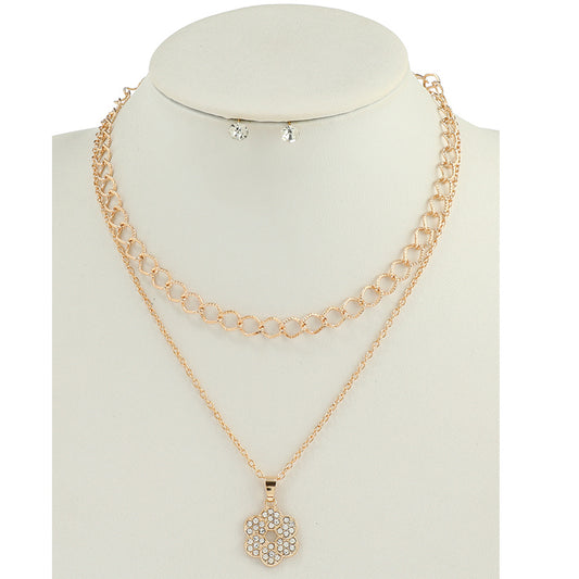 JAN45015 - Rhinestone Flower Layered Chain Necklace