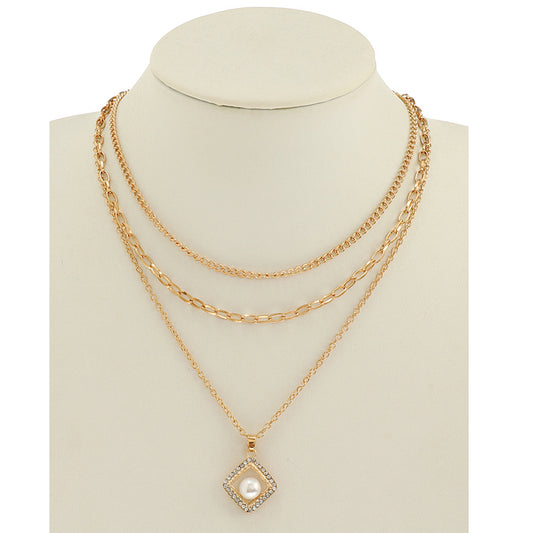 JAN45025 - Rhinestone Pearl Layered Chain Necklace