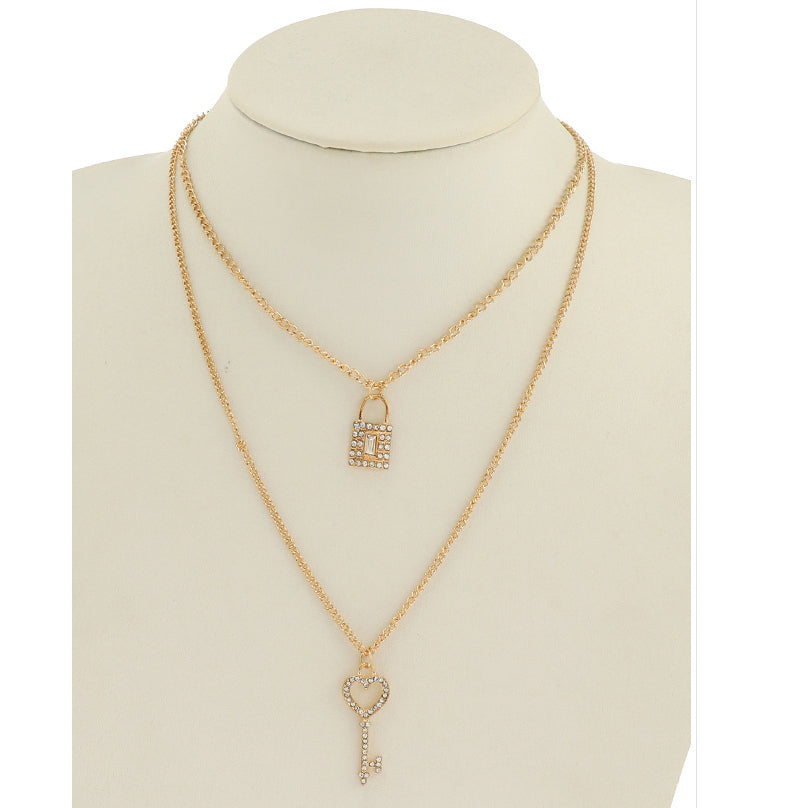 JAN45026  - Rhinestone Key & Locket Layered Chain Necklace