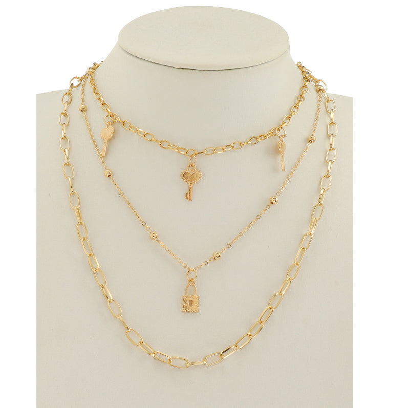 JAN45326 - Key & Locket Layered Chain Necklace