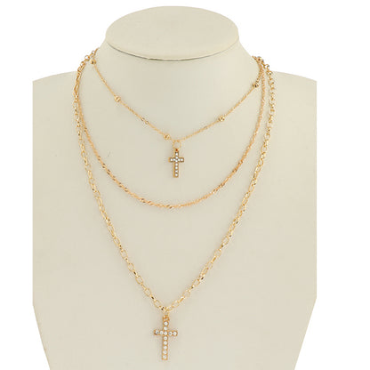 JAN45332 - Rhinestone Cross Layered Chain Necklace