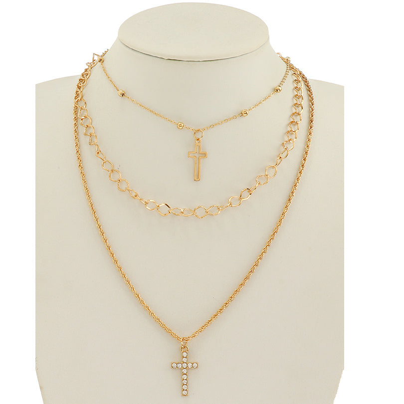 JAN45333 - Rhinestone Cross Layered Chain Necklace