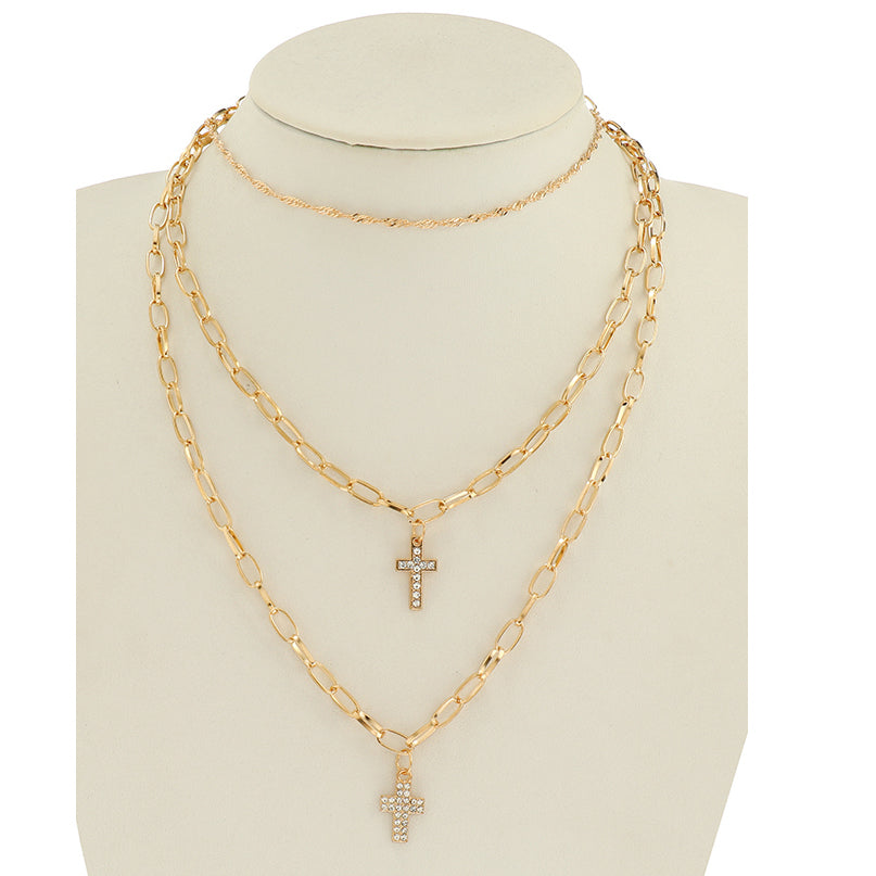 JAN45334 - Rhinestone Cross Layered Chain Necklace