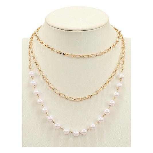 JAN46086 - Layered Pearl Chain Necklace