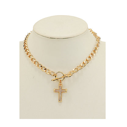 JAN46933 - Rhinestone Cross Chain Link Necklace