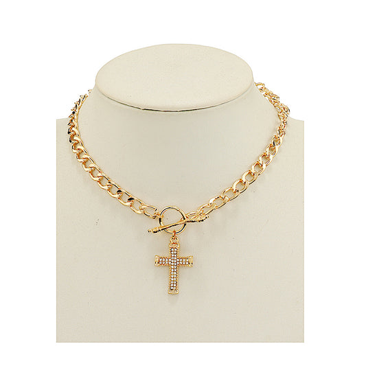 JAN46933 - Rhinestone Cross Chain Link Necklace