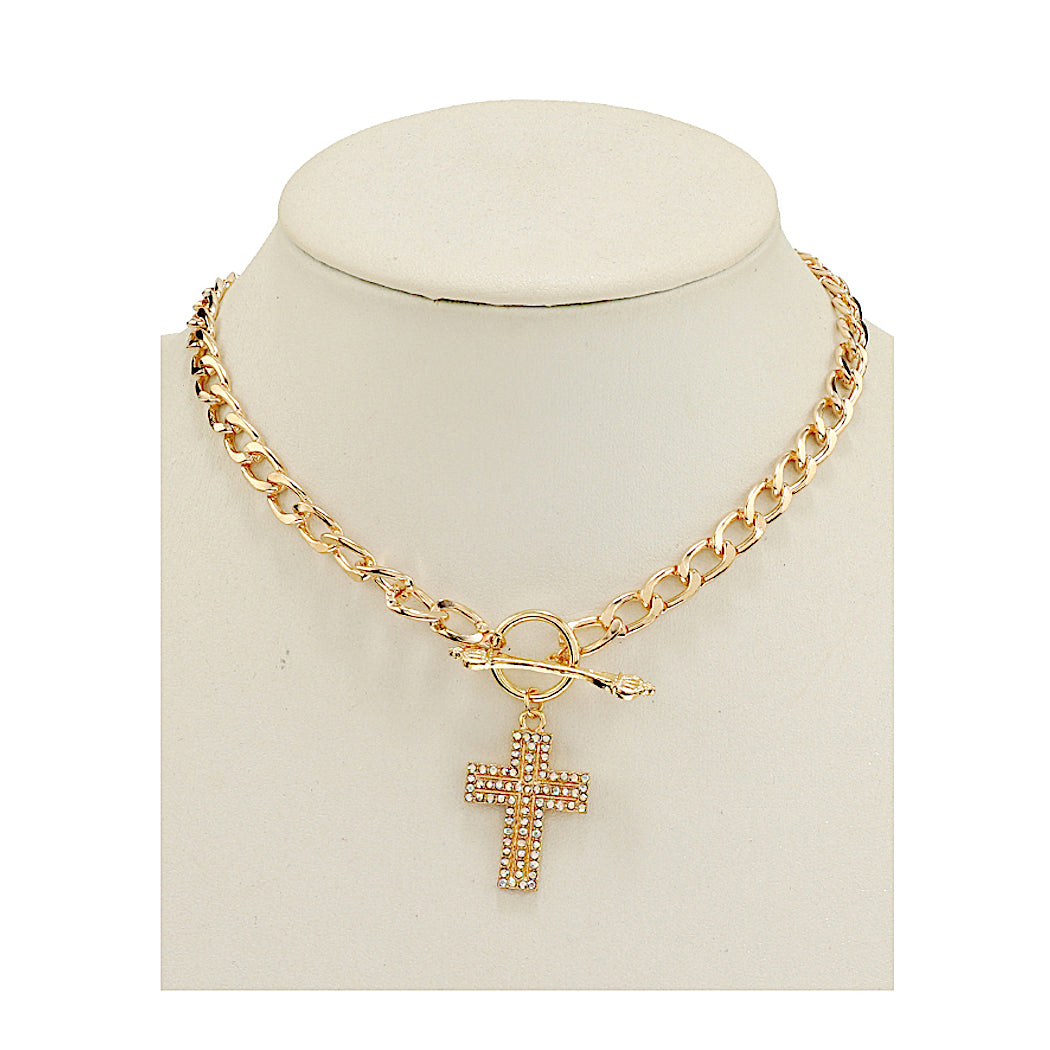 JAN46935 - Rhinestone Cross Chain Link Necklace