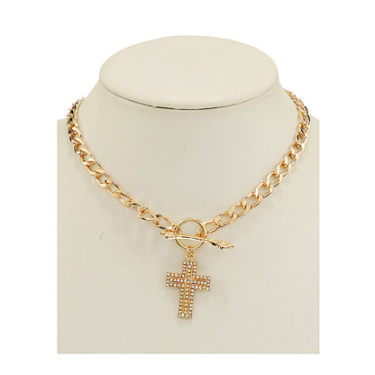 JAN46935 - Rhinestone Cross Chain Link Necklace