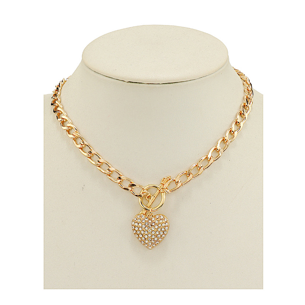 JAN46938 - Rhinestone Heart Chain Link Necklace