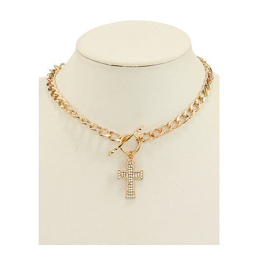 JAN46938 - Rhinestone Cross Chain Link Necklace