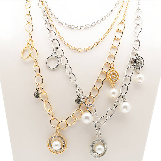 Layered Pearl Charm Chain Necklace