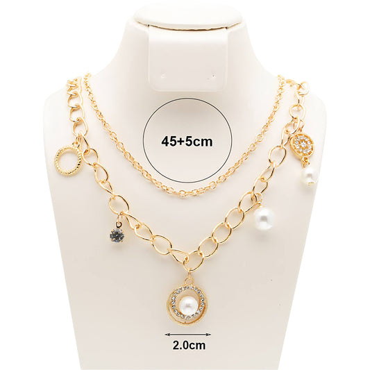 Layered Pearl Charm Chain Necklace