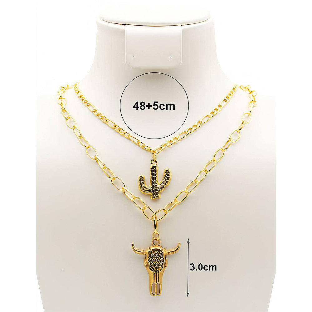 Western Cactus & Cow Skull Layered Necklace