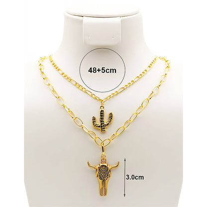 Western Cactus & Cow Skull Layered Necklace