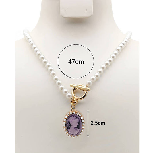 Vintage Victorian Lady Cameo Pearl Toggle Necklace