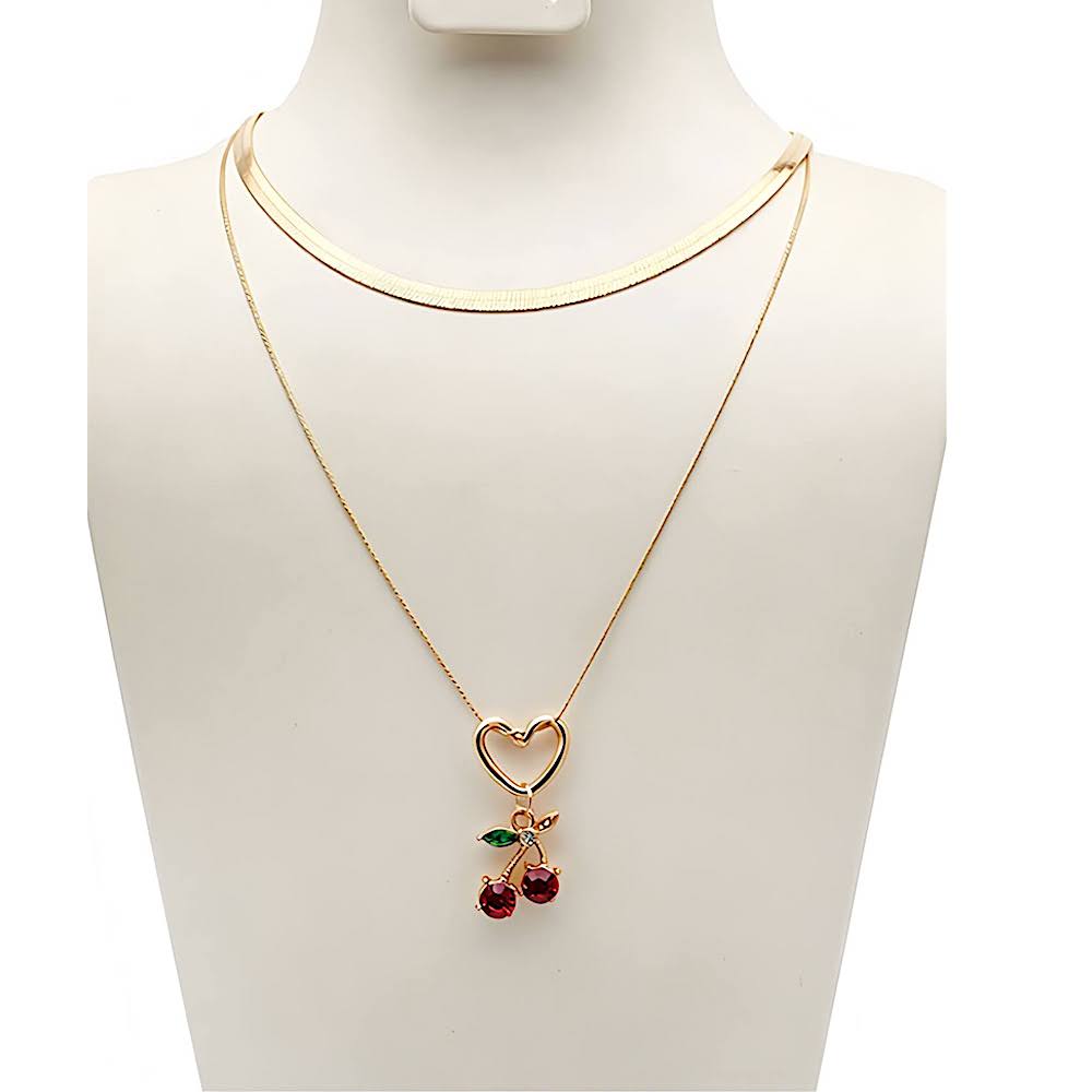 Heart Cherry Charm Layered Chain Necklace