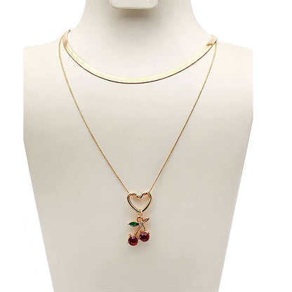 Heart Cherry Charm Layered Chain Necklace