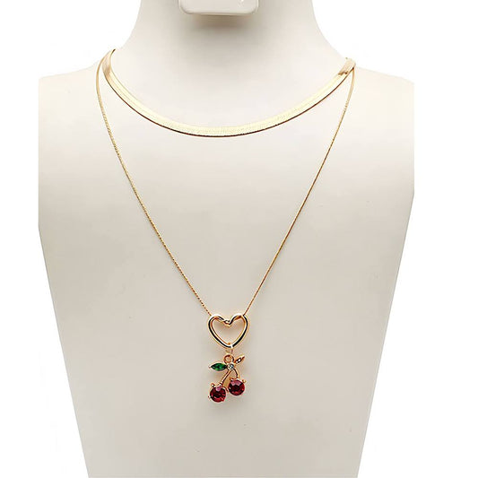 Heart Cherry Charm Layered Chain Necklace